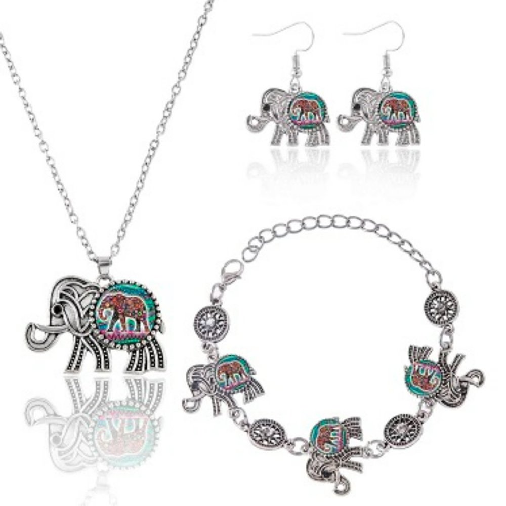 Silver Colored Elephant Jewelry Set